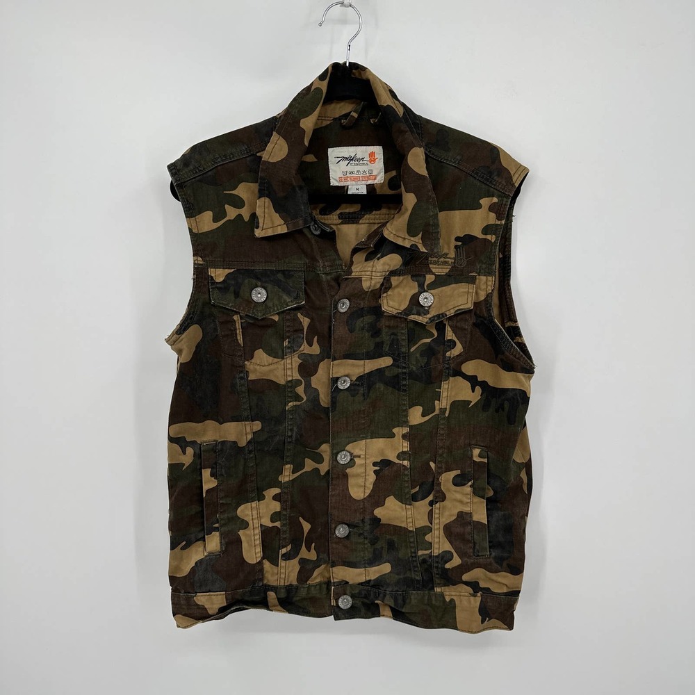 Miskeen Vest Camouflage Sleeveless Collared Multi Pockets Button Down Green M - Picture 1 of 6